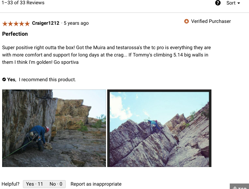 REI product page that shows a customer review accompanied by photos.