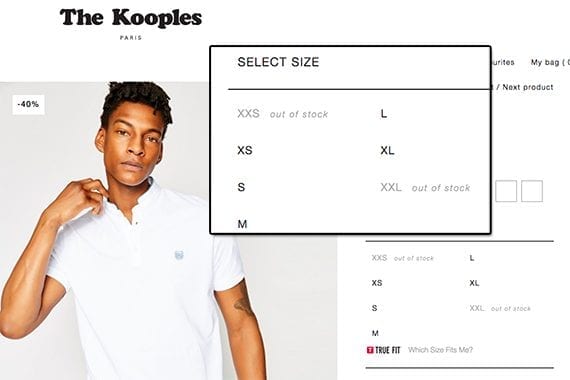 The Kooples site lists all of the sizes of a product at a single glance, including out of stock notices.
