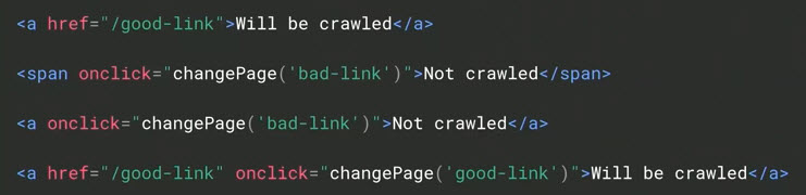 This hypothetical markup highlights the difference to Google between crawlable links and uncrawlable — “Will be crawled” vs. “Not crawled.” <em>Source: Google.</em>