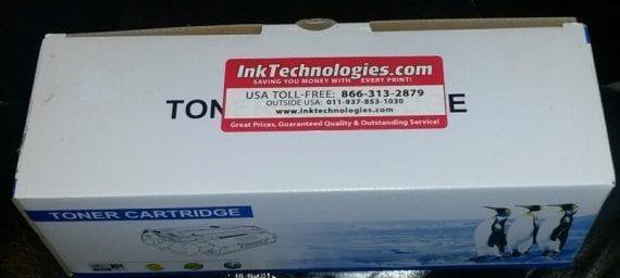 The large reminder sticker on this toner cartridge box from InkTechnologies.com is eye catching and helpful for reorders.