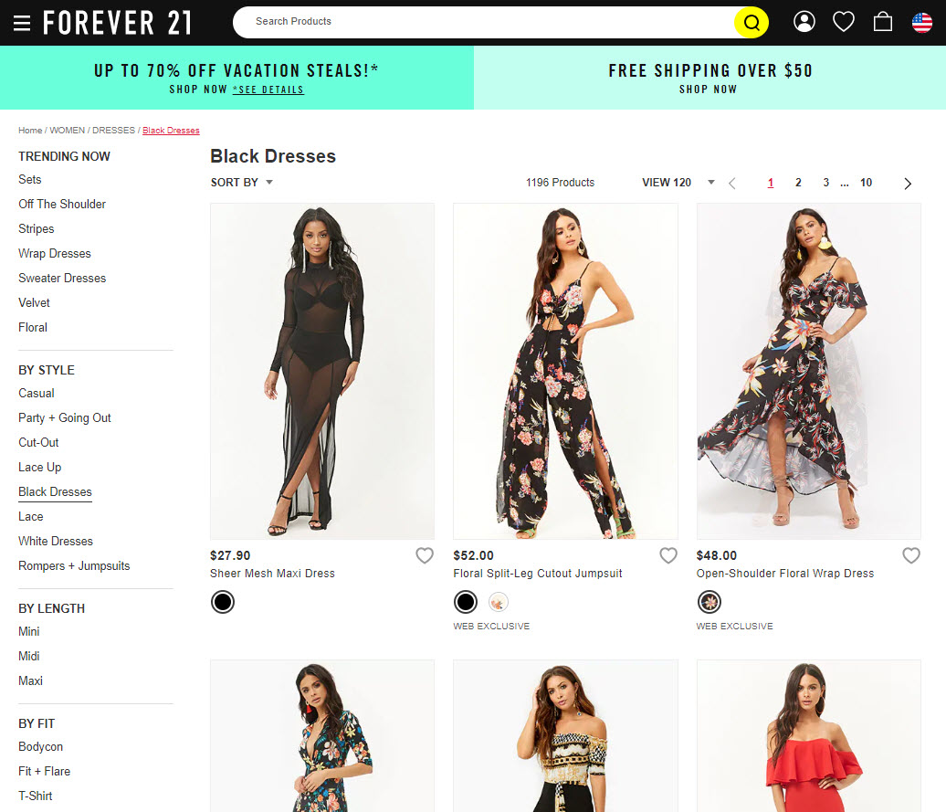 Forever 21's black dresses page is not part of its faceted search.