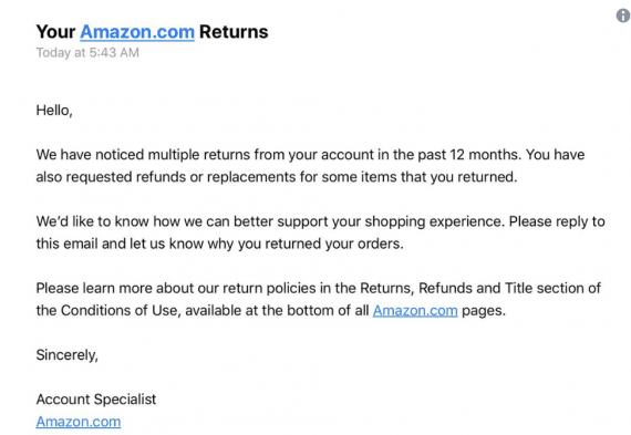 An example of a warning email from Amazon to a customer who has returned products.