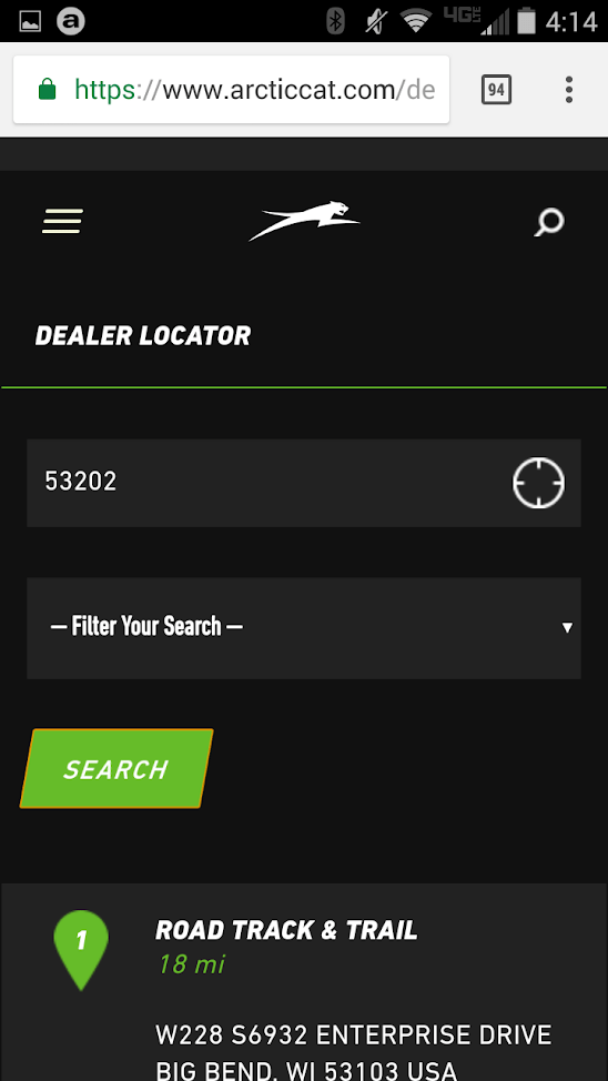 The mobile version of Arctic Cat's dealer locator is easy to use with large buttons.