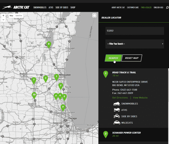 Arctic Cat has a clean dealer locator that minimizes the inputs required.