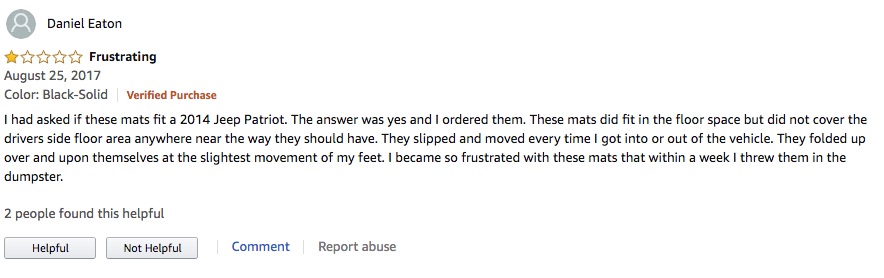 Bad reviews can help brands improve their products. This 1-star example is for floor mats for a Jeep.
