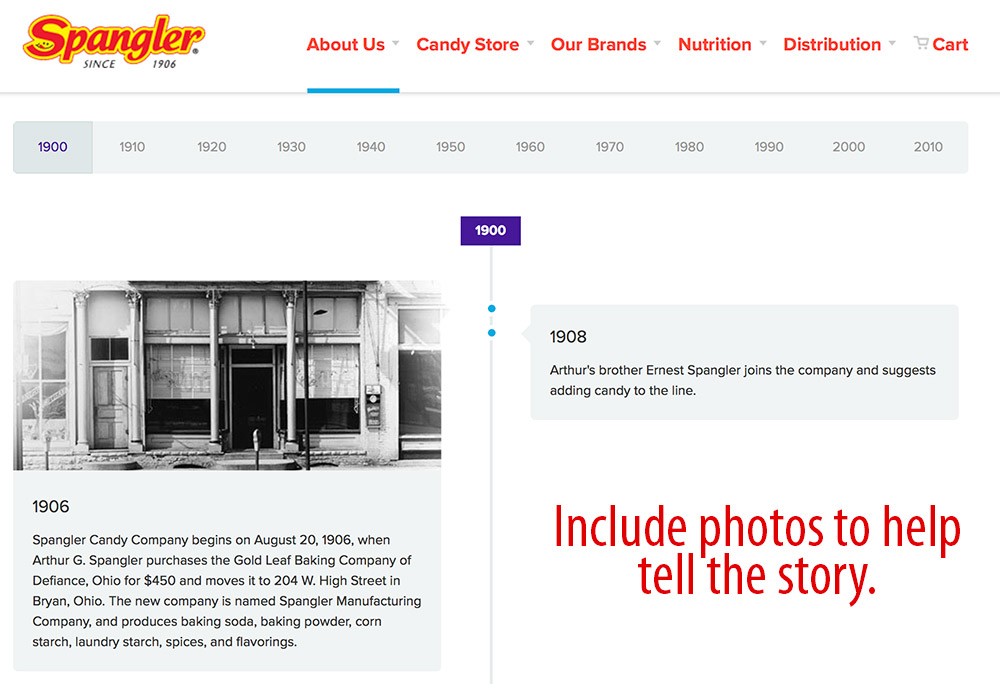 The timeline at Spangler's Candy Company includes historical photos. This lends credibility to the company's history.