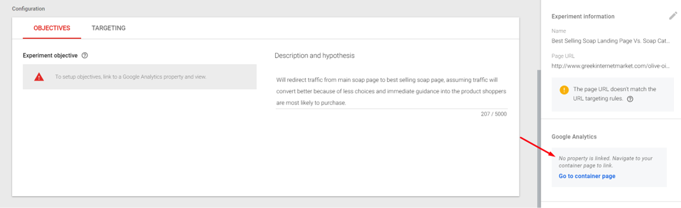 Link to Google Analytics by clicking on “Go to container page” on the right-hand side.