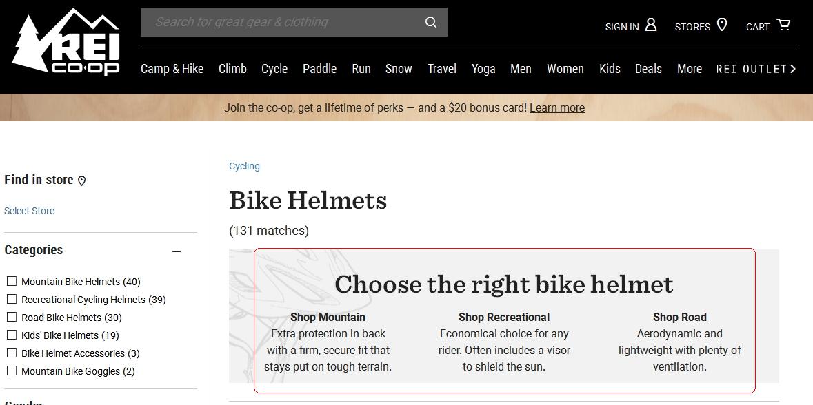 When searching on REI.com for "Bike Helmets," the results separate helmets by the intended use, such as mountain biking, recreational biking, or road biking.