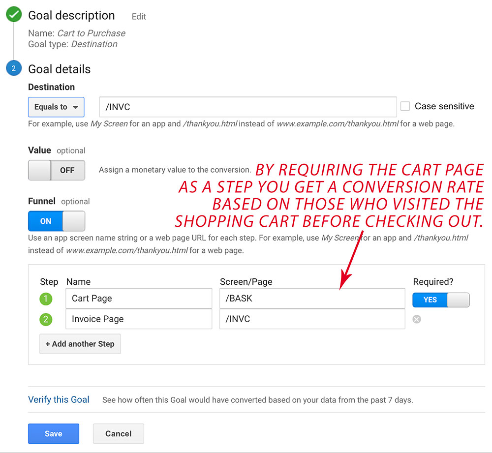 Creating a funnel to determine the cart to purchase rate.