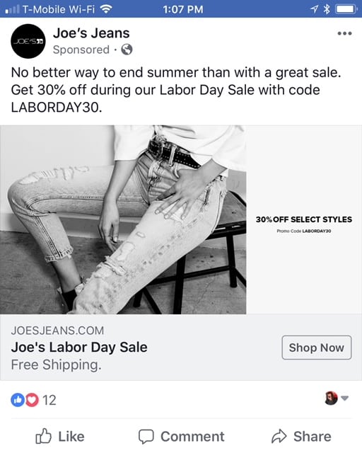 Joe's Jeans uses Facebook to promote its content — a Labor Day sale in this case.