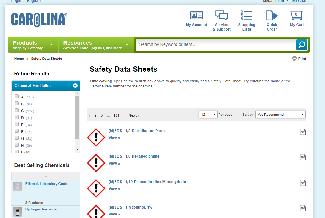 In its main "Resources" section, Carolina Biological Supply includes a page of all of its safety data sheets.