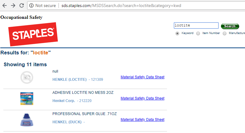 Staples offers a page where you can search for the item and it provides a list of the MSDS for products that match the search term.