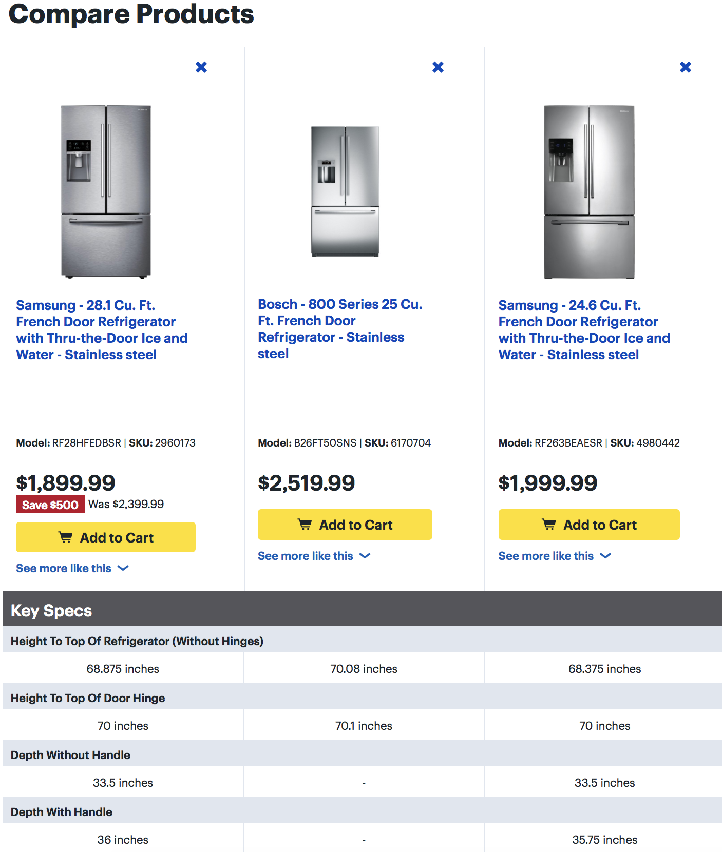 Refrigerator comparison table found at Best Buy