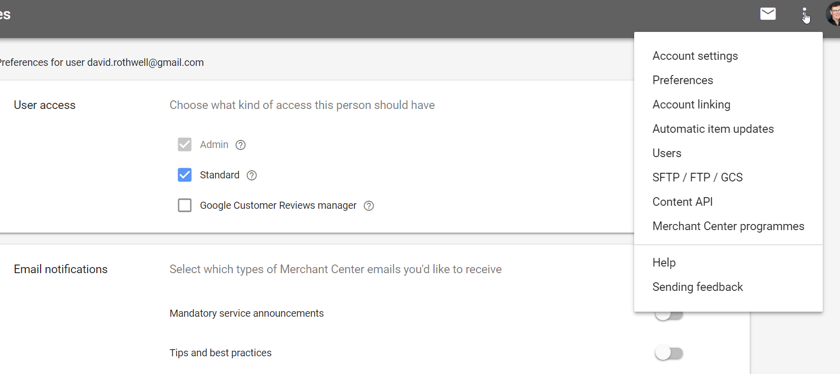 Advanced settings. Advanced settings, in the top right-hand corner, include time zone, language preference, account linking, and users.