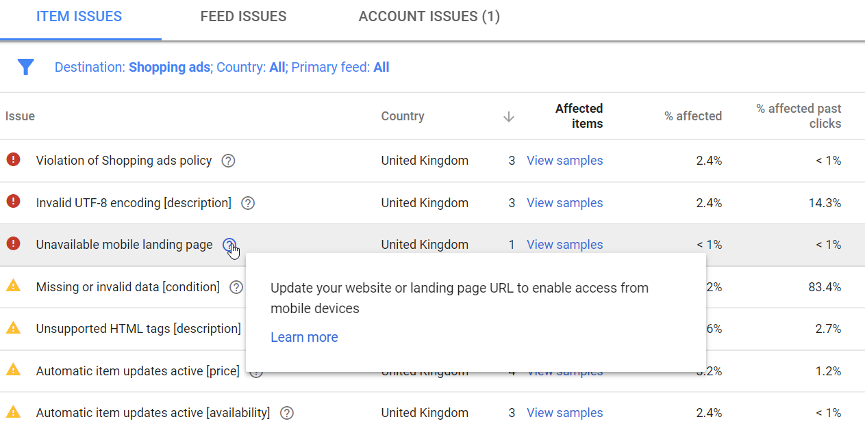 Google Shopping policies. Warnings and disapprovals can include Google Shopping policy violations, no mobile landing page, and missing data