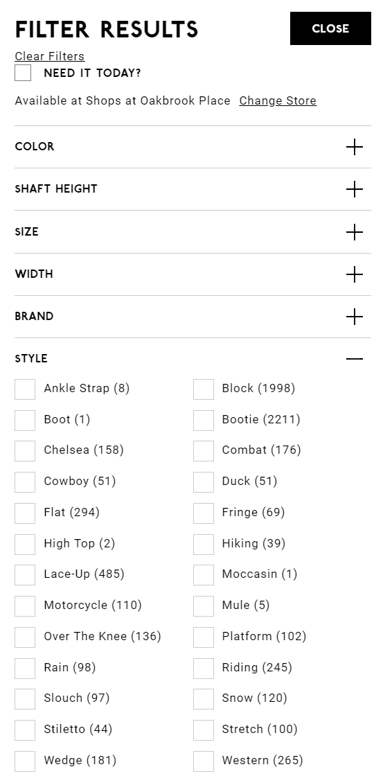 In its navigation filters, DSW hasn't used words for specific keyword relevance, sticking, for example, with “rain” instead of the more specific “rain boots.” A lack of space in the design for an additional word, such as “boots,” could be the reason for the omission.