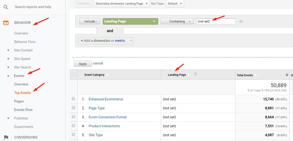 go to Behavior > Events > Top Events, then Secondary Dimension by “Landing Page” and report all events where the Landing Page is “(not set).”