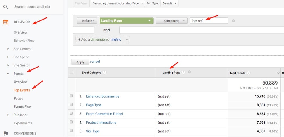 go to Behavior >Events >Top Events, then Secondary Dimension by “Landing Page” and report all events where the Landing Page is “(not set).”