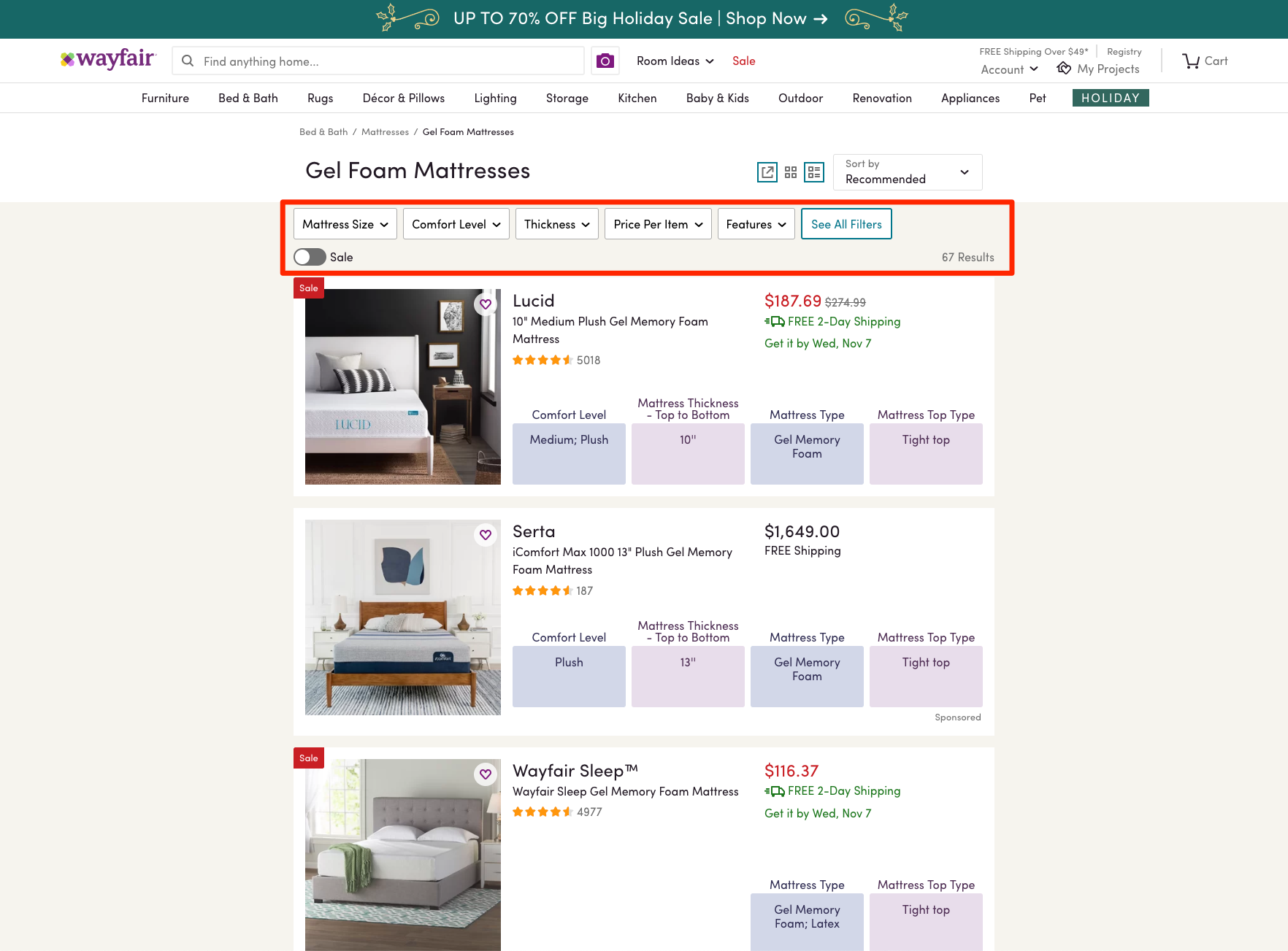 Wayfair has a greater selection of furniture and far more filtering options than Amazon.