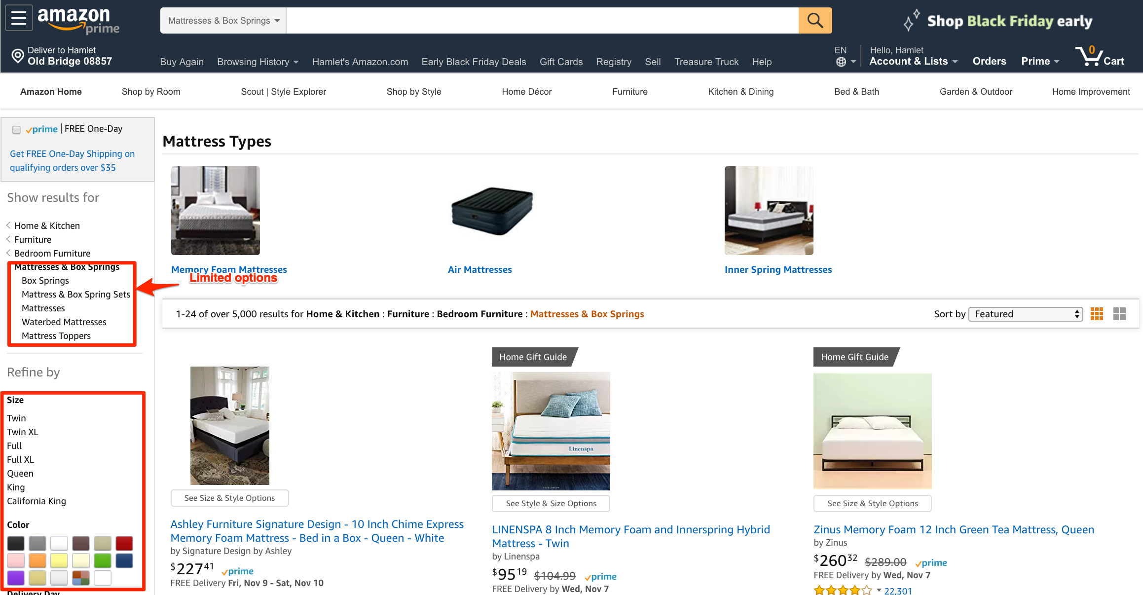 Amazon cannot provide the same sort of categories for mattresses as Wayfair. <em>Click image to enlarge.</em>