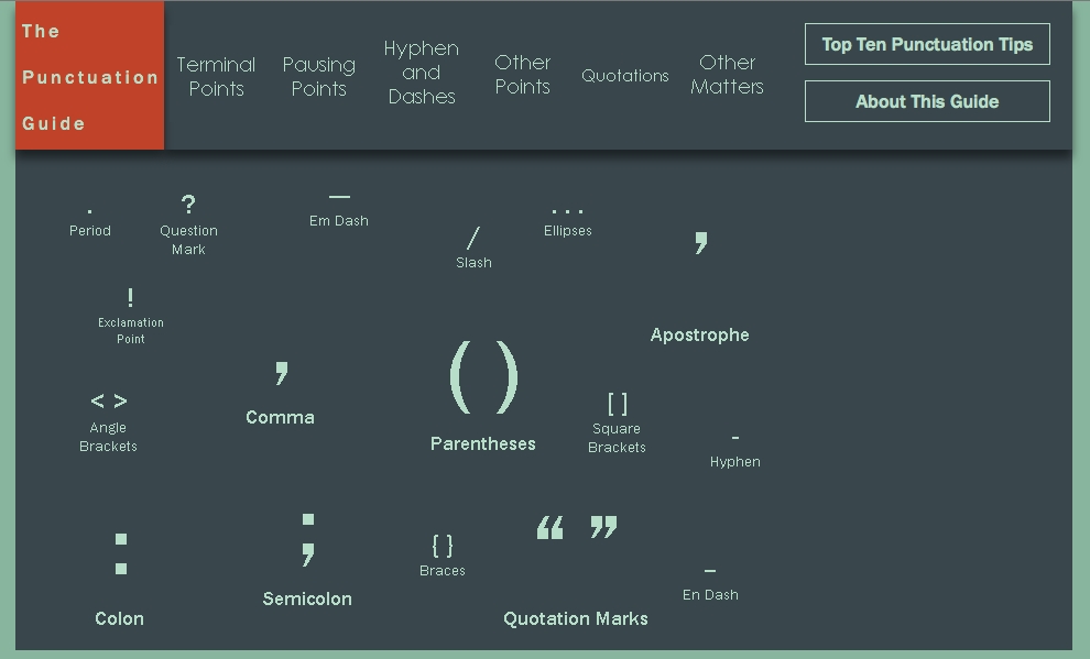 The Punctuation Guide provides this visual reference of punctuation marks, eliminating the need to know their names to look up the proper usage.