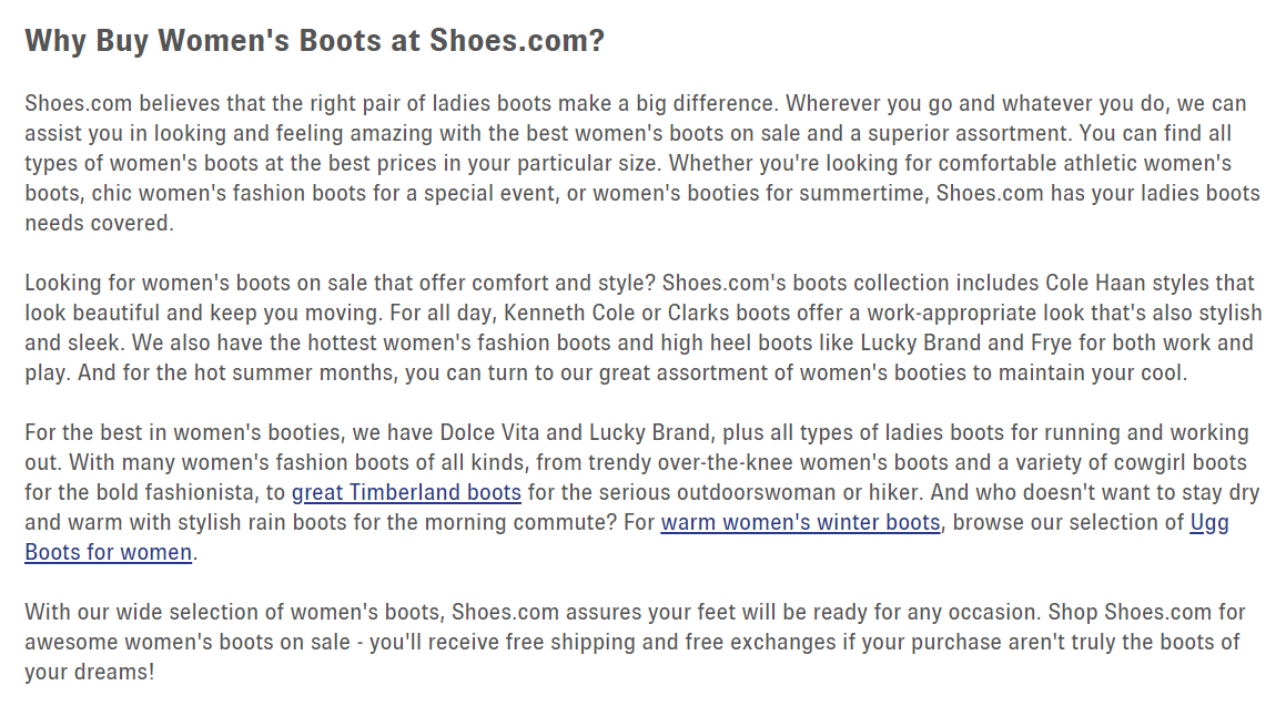 Long blocks of copy on Shoes.com’s category pages don't necessarily help shoppers.