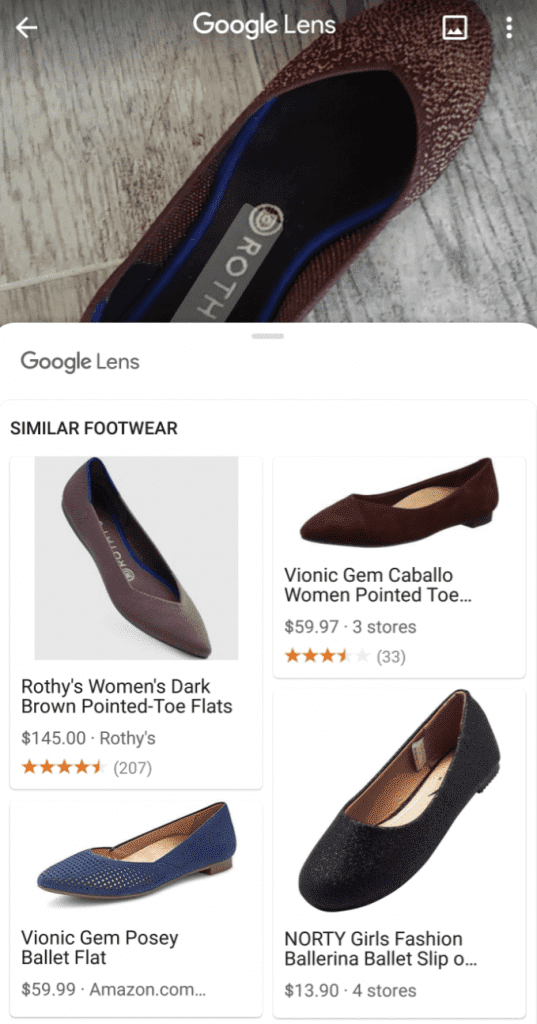 Google Lens identifies the shoe at the top, and shows you where to buy it and similar styles.