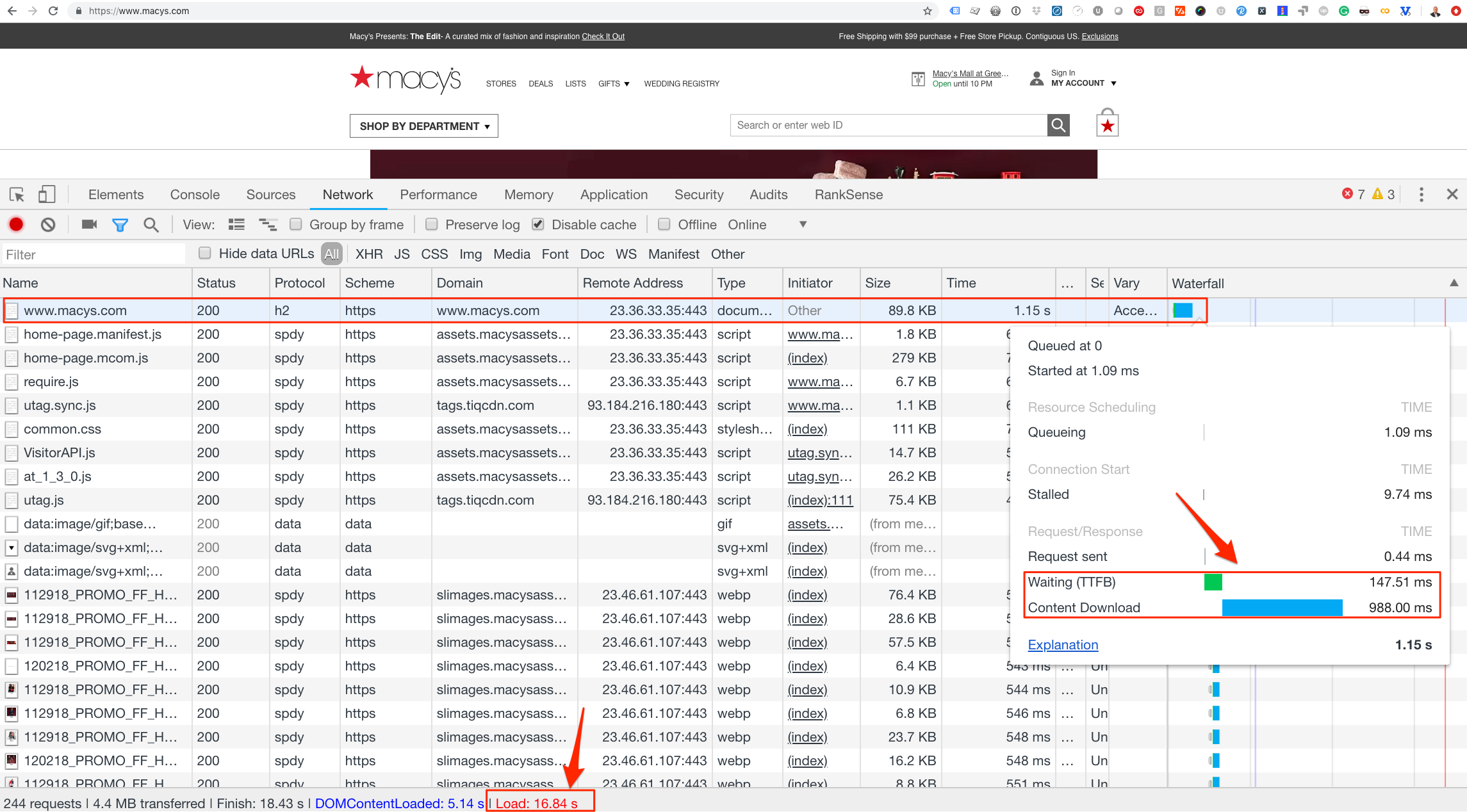 Exemplo de velocidade de home page da Macy's. Macys não está armazenando em cache sua página inicial, levando a um segundo extra de tempo de carregamento.