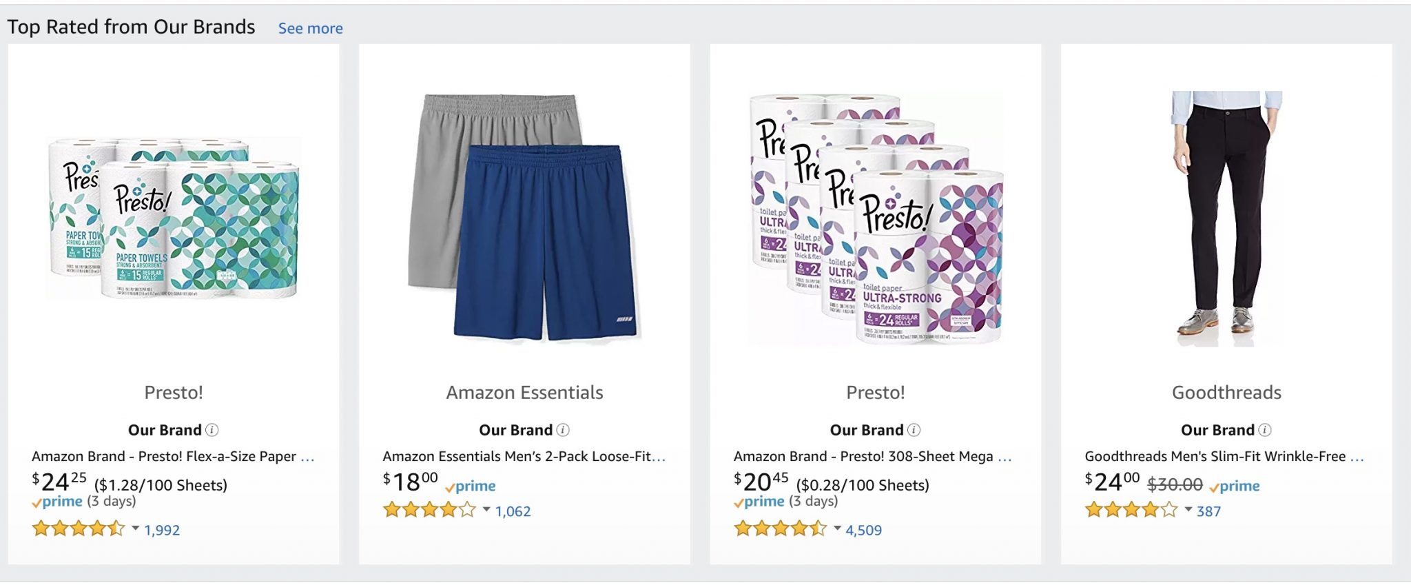 Presto! paper towels and Amazon Essentials clothing are among Amazon's "top rated" private labels.