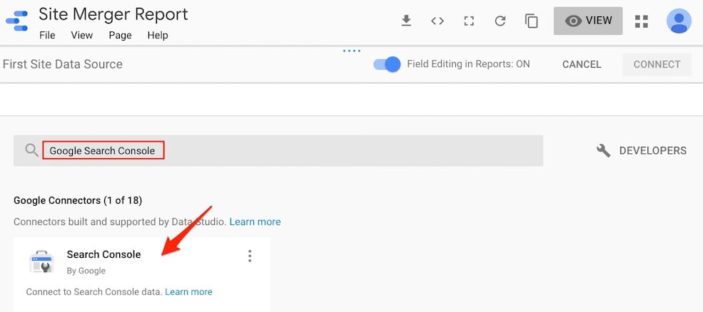 Data Studio: locate data source Click on "Create New Data Source" and then search for Google Search Console.