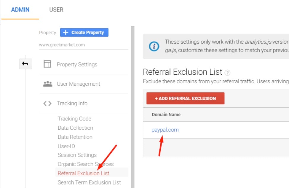 Identify PayPal as a referral source Set up Google Analytics to recognize return traffic from PayPal.com. Go to Admin > Tracking Info > Referral Exclusion List. Add "paypal.com" if it is not already included.