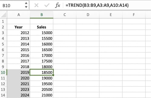 Excel TREND example Once you have the data in a table form, use the TREND function in Excel for forecasts.
