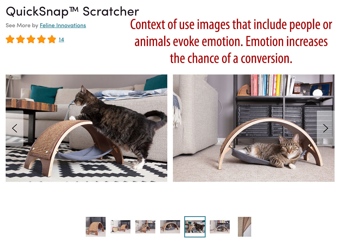 The image of a scratcher is more effective when it also shows a pet, such as this cat.  <em>Source: Wayfair.</em>