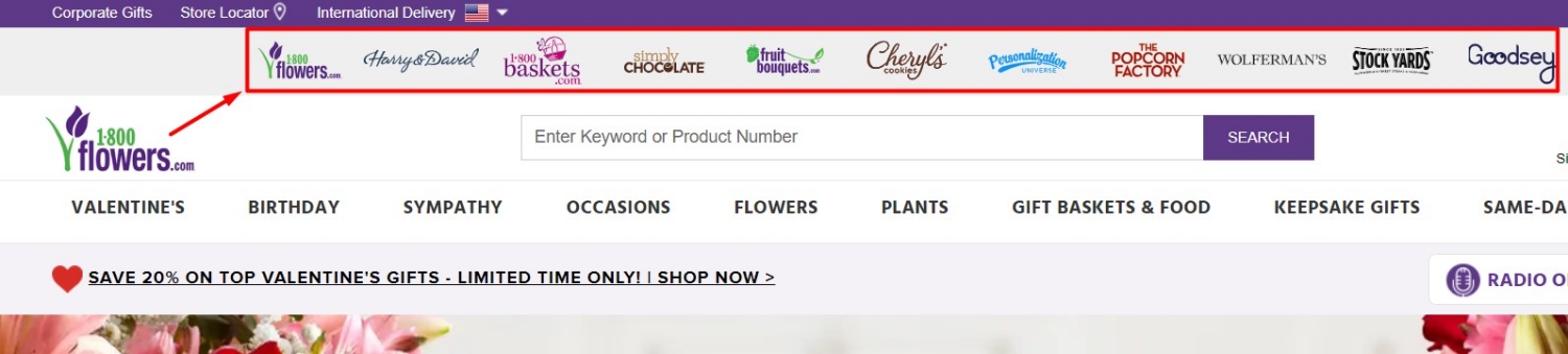 1-800-Flowers.com was one of the original merchants to incorporate multiple websites under one umbrella website in 2009.