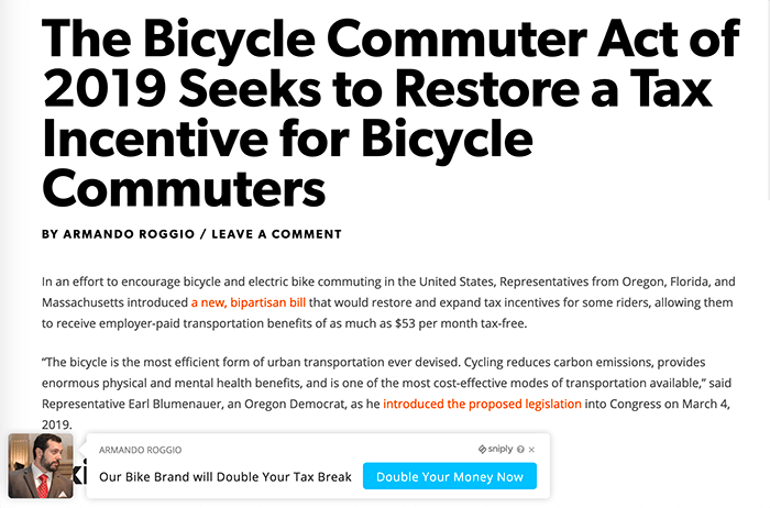 Sniply could create a frame displaying the content of an article about tax breaks for bicycle commuters and then place an ad in the lower left corner of the frame, potentially sending readers to another website.