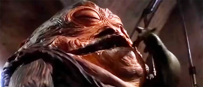 The non-human character Jabba the Hutt is shown eating a live frog of sorts.