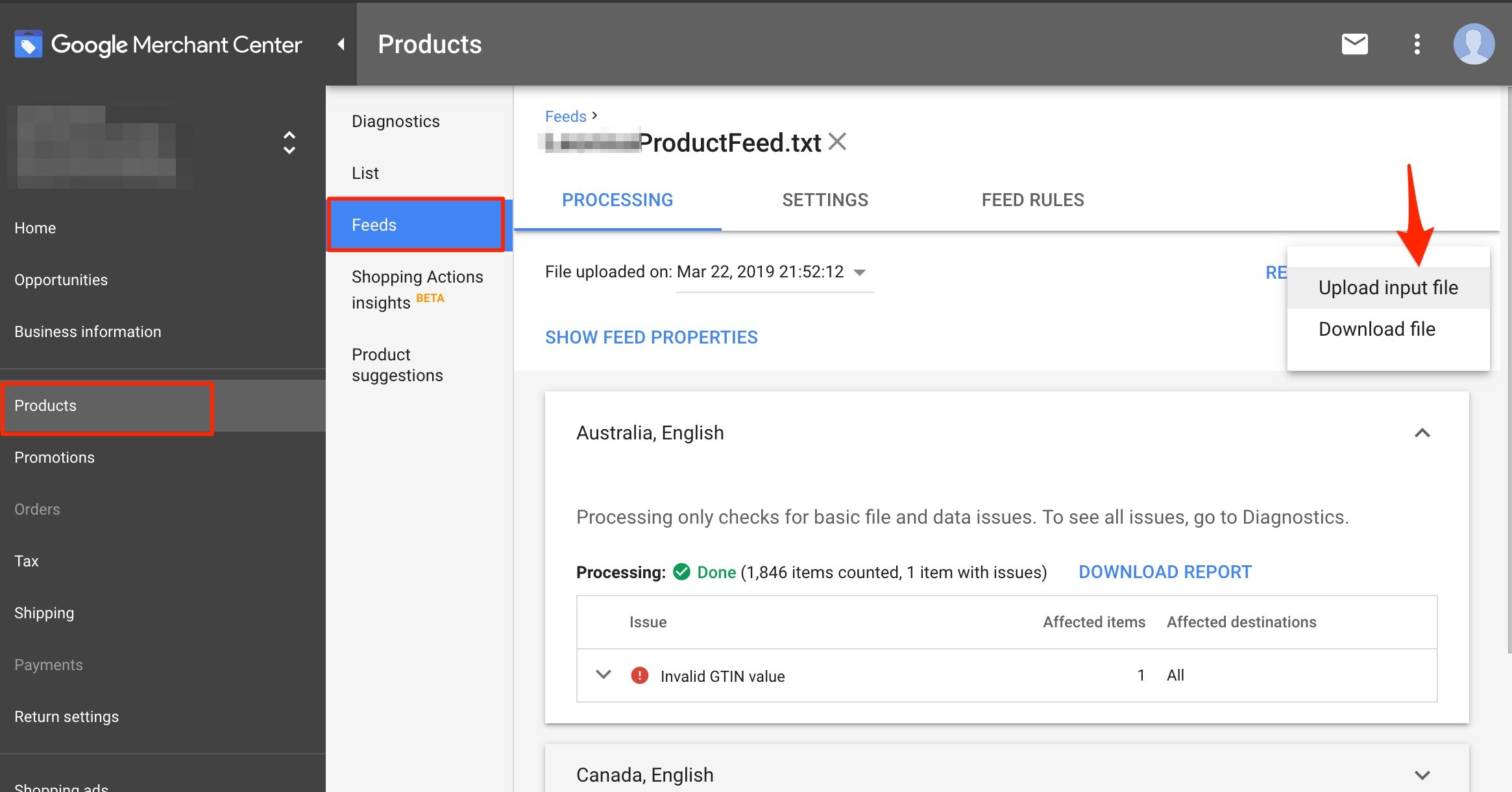 Another way to identify existing Shopping URL parameters is to download the product feed in Google Merchant Center. Click image to enlarge.