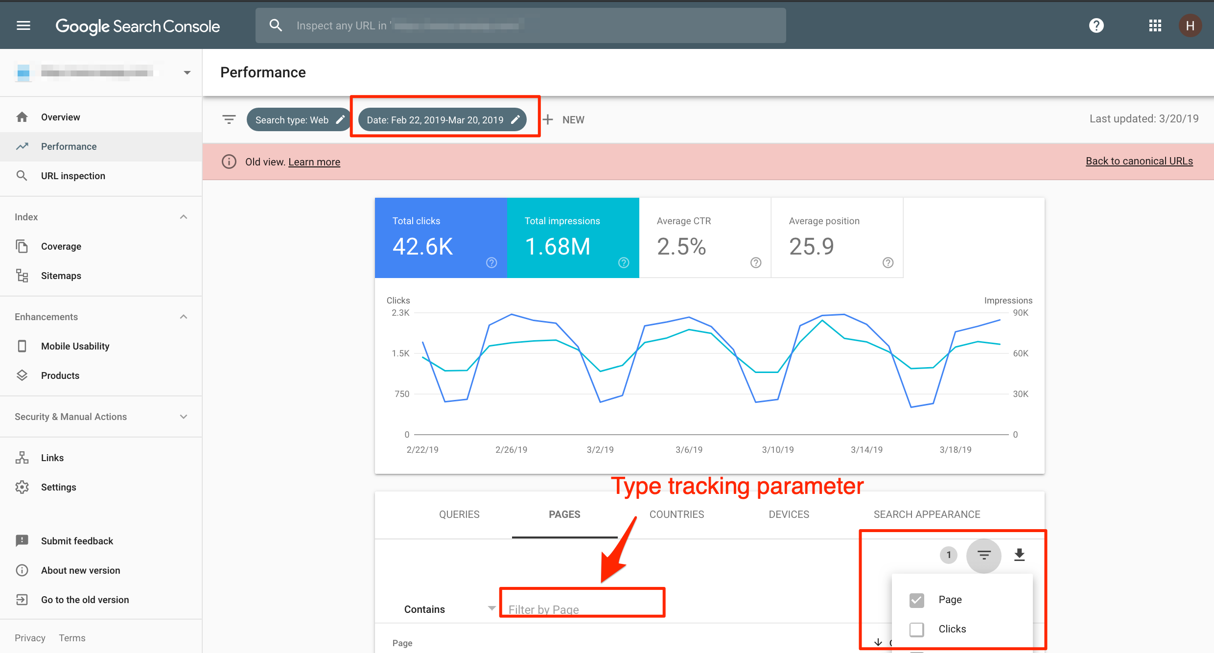 In the old Google Search Console (available until mid-April 2019), go to the Performance >Pages.