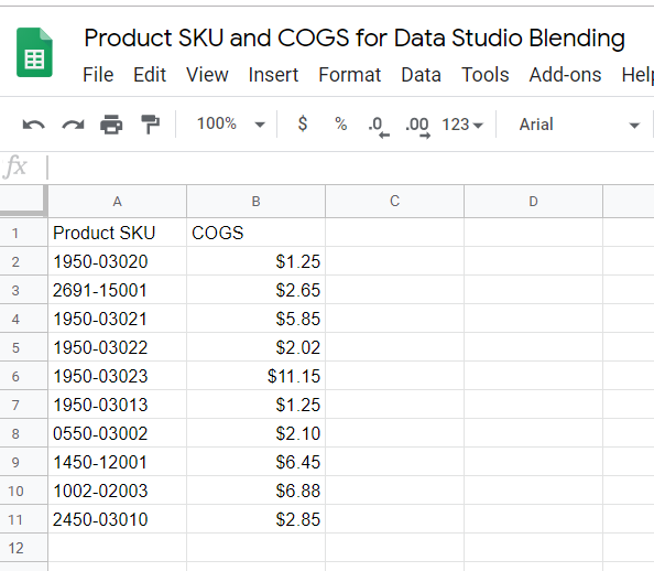 To set up COGS reporting, create a Google Sheet that lists product SKU’s and their COGS.