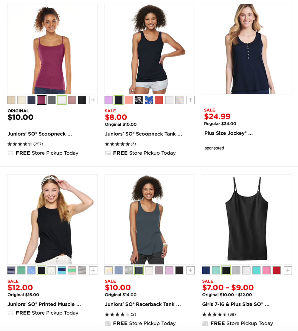 Kohl's color options on category page.
