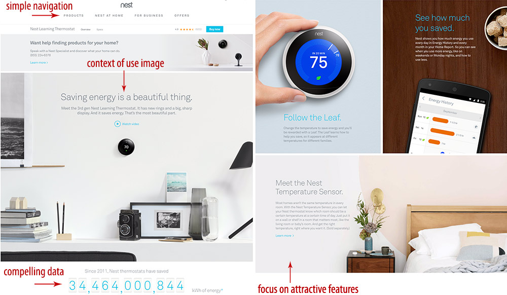 These screenshots from Nest's scrollable landing page relies on simple navigation and minimalist living.