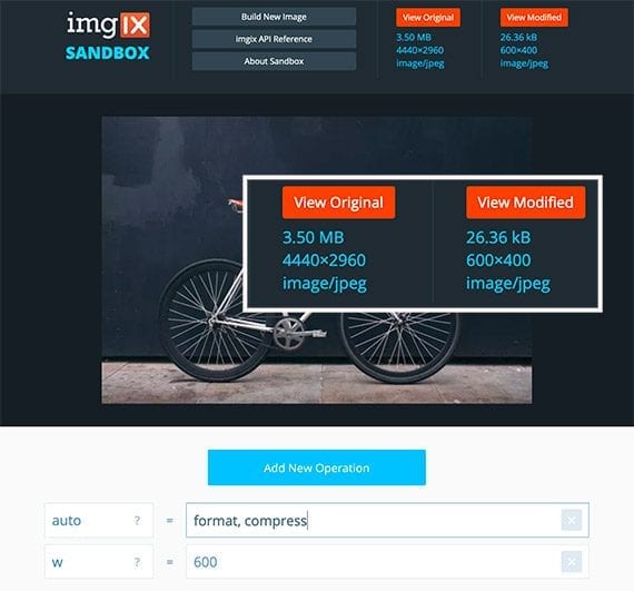 This example from Imgix, an image-optimization CDN, shows an original 3.5 MB photo reduced to 26.36 KB.