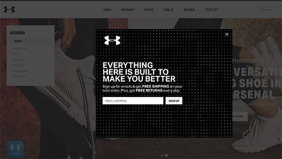 Like many leading fitness clothing brands, the Under Armour online store emphasizes email marketing and collecting email addresses.