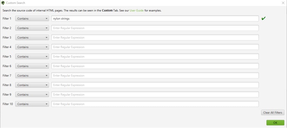 Screaming Frog custom search Go to Configuration > Custom > Search > Custom Search so that Screaming Frog will highlight any pages that match the term "nylon strings."