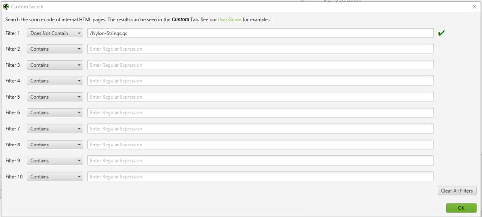 Screaming Frog relevant linking pages At Configuration > Custom > Search, remove the “nylon strings” search term. Then paste in the relative URL, which, in this case is /Nylon-Strings.gc. Then change “Contains” to “Does Not Contain.”