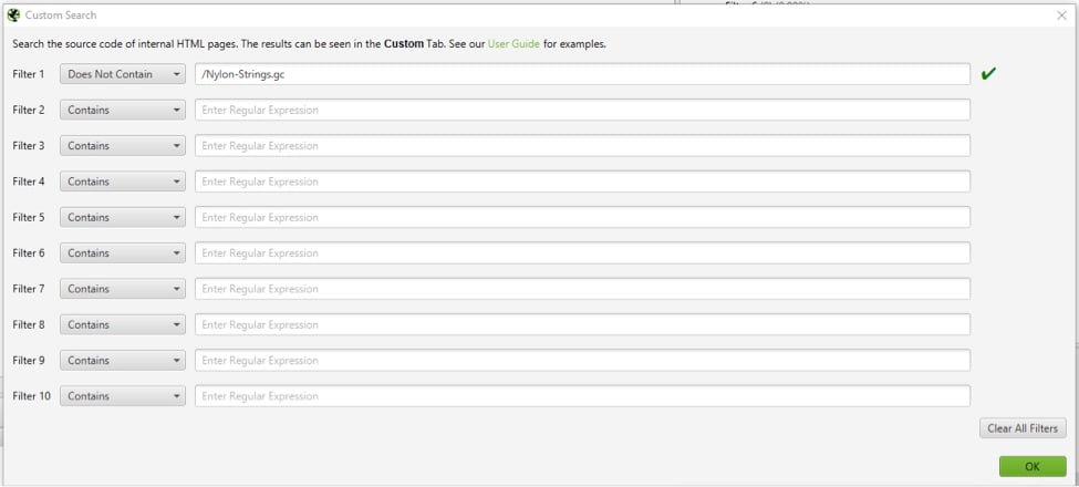 At Configuration >Custom >Search, remove the “nylon strings” search term. Then paste in the relative URL, which, in this case is /Nylon-Strings.gc. Then change “Contains” to “Does Not Contain.”