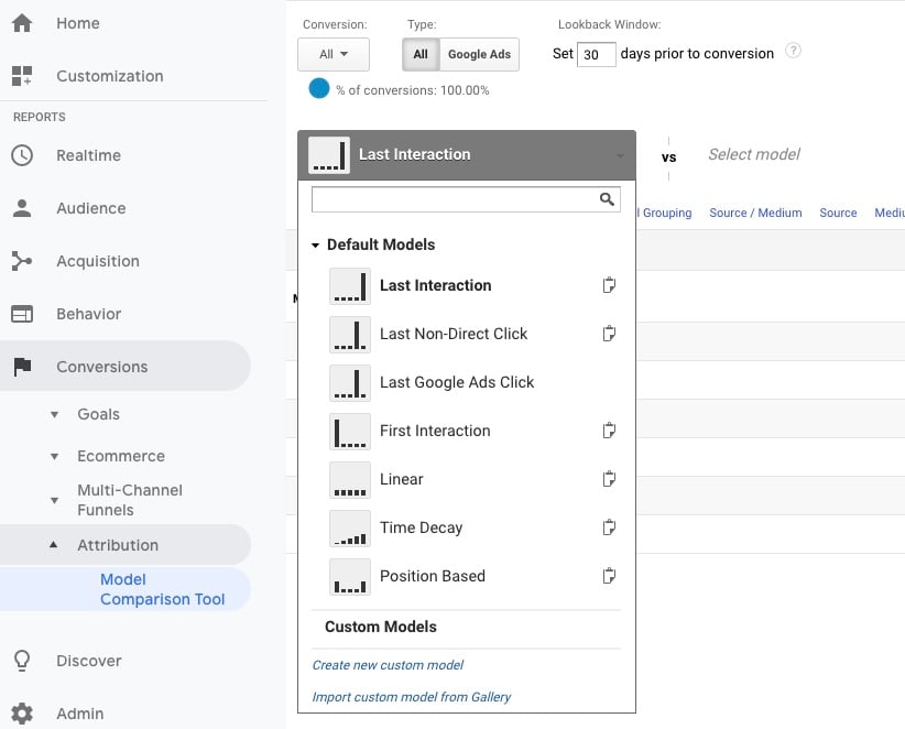 Google Analytics attribute modeling Google Analytics' attribution modeling tools are at Conversions > Attribution > Model Comparison Tool.