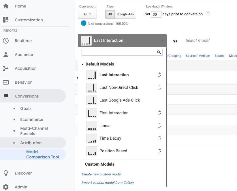 Google Analytics' attribution modeling tools are at Conversions > Attribution > Model Comparison Tool.