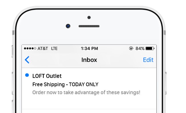This email from Loft Outlet has an effective combination of subject line ("Free Shipping - Today Only") and preheader ("Order now to take advantage of these savings"). It does not waste characters by repeating the subject line in the preheader, using the space instead for further incentive.