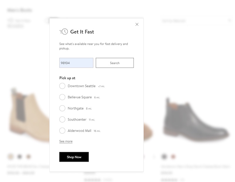 Nordstrom.com makes it clear to online shoppers the closest location to pick up their merchandise.